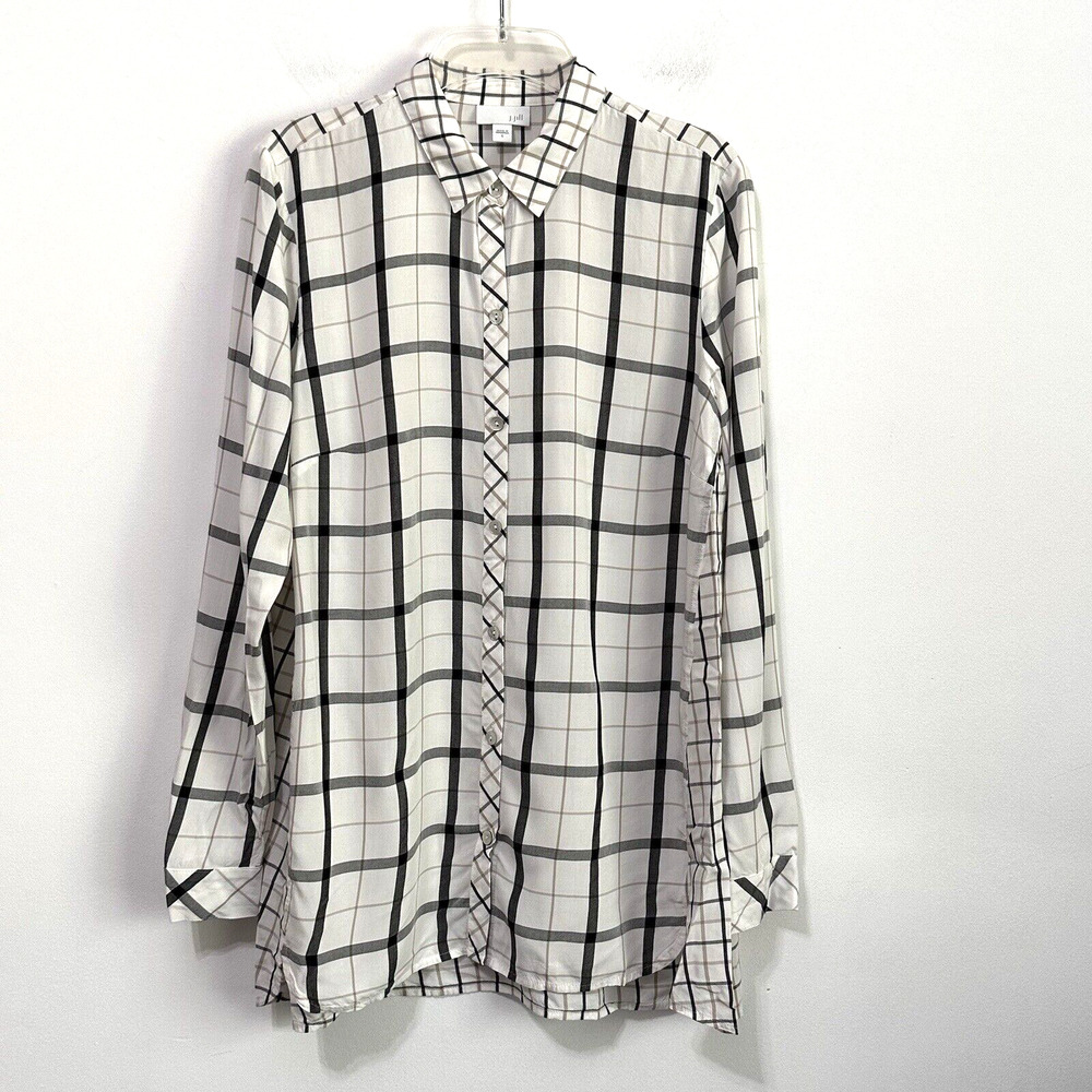 J Jill Blouse S Windowpane White Black‎ Brown Soft Rayon Long Sleeve Top Tunic